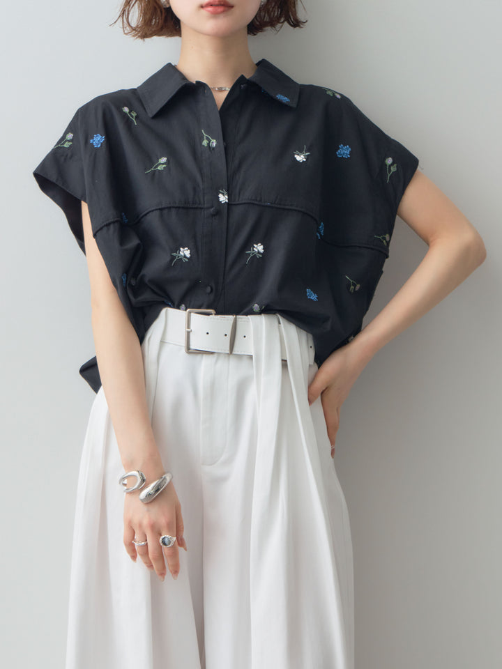 【套裝】花卉刺繡燈籠無袖襯衫+腰帶設計環扣闊腿褲（兩件套）