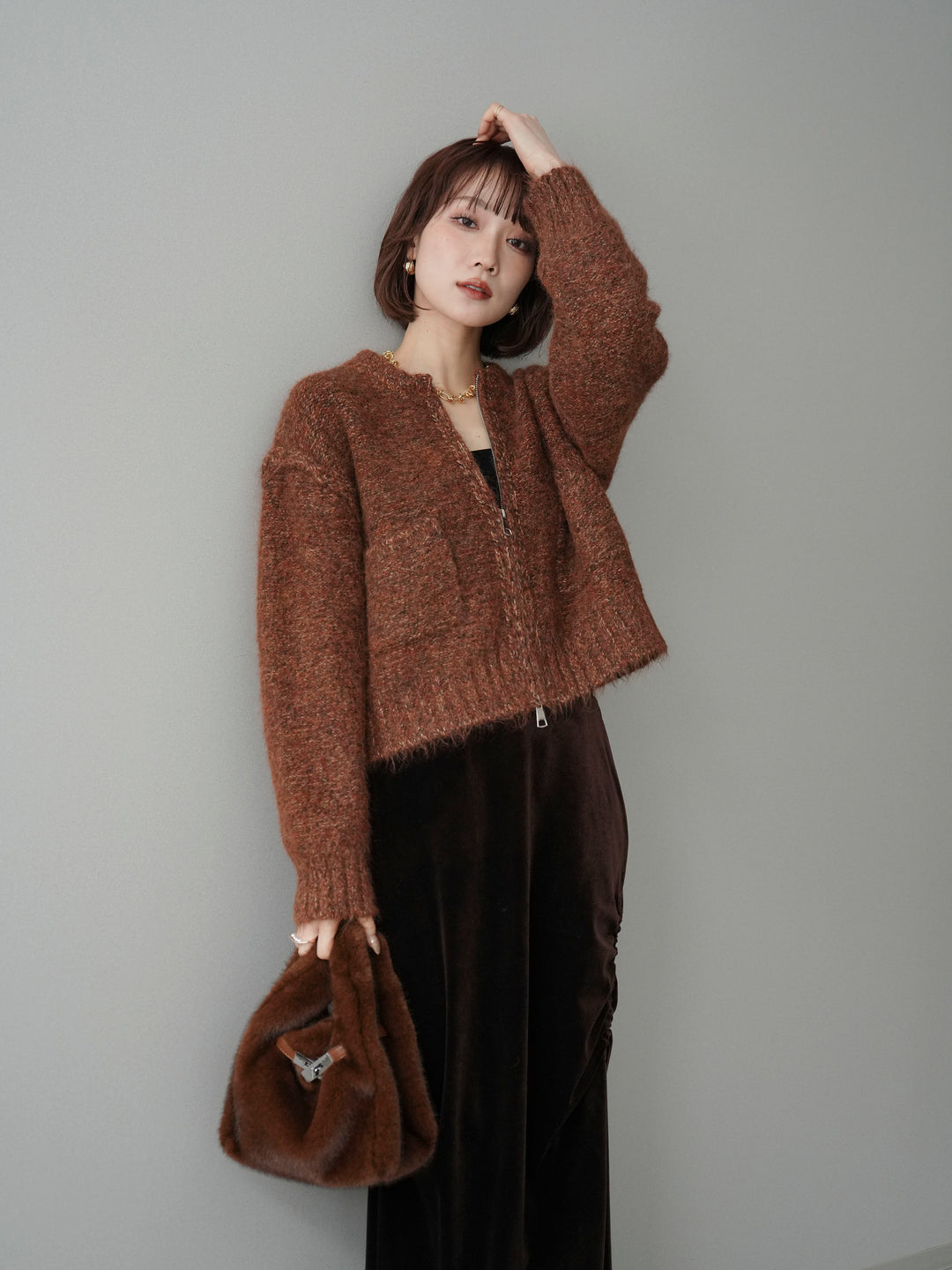 [予約]ミックスヤーンダブルZIPニットカーディガン/brown