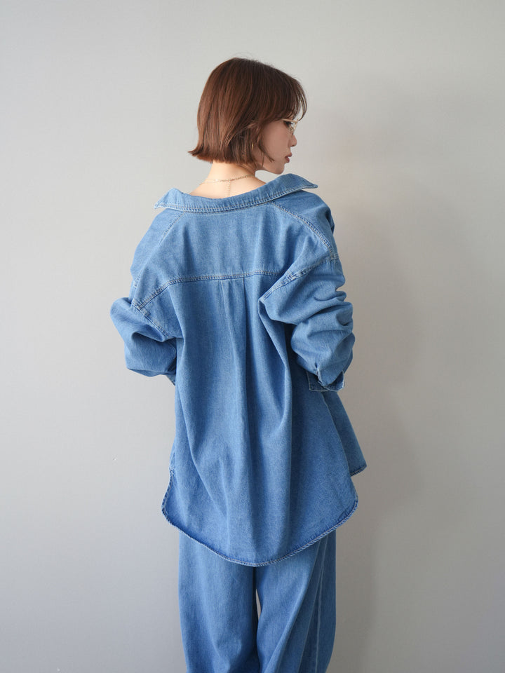 [SET]ポイントレザーオーバーデニムシャツ+ドロストワイドデニムパンツ(2set)