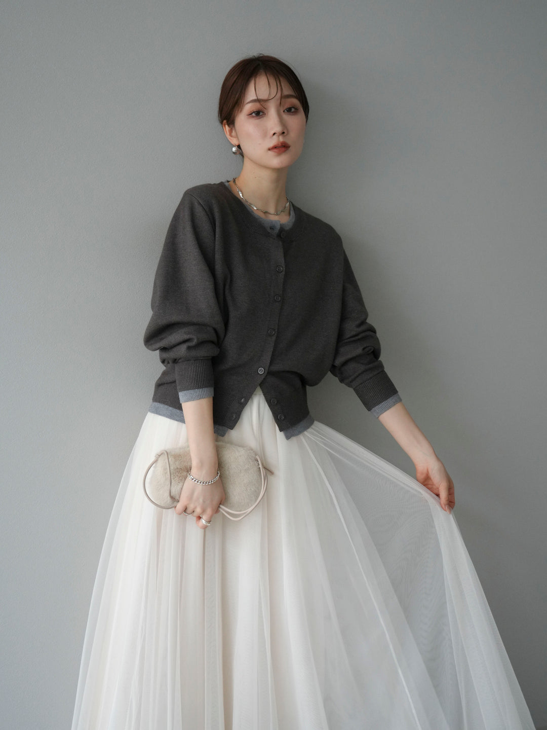 [SET]配色レイヤードカーディガン+チュールボリュームスカート(2set)