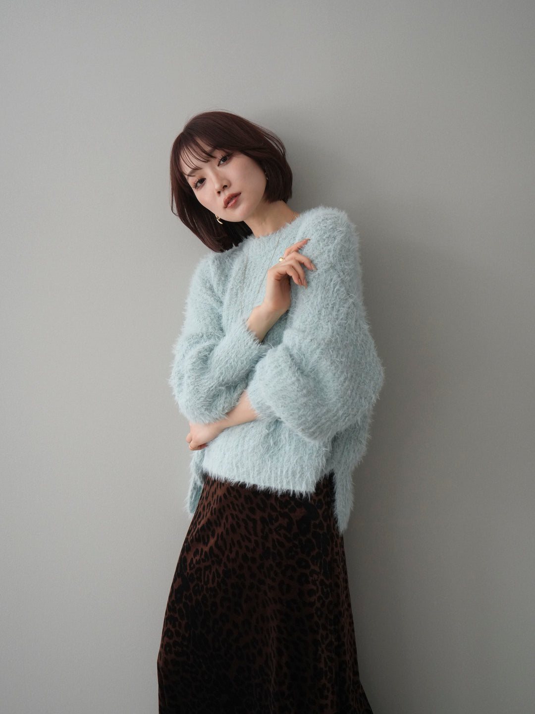 [SET]ボリュームスリーブシャギー MIXニットプルオーバー+選べるアクセセット(2set)