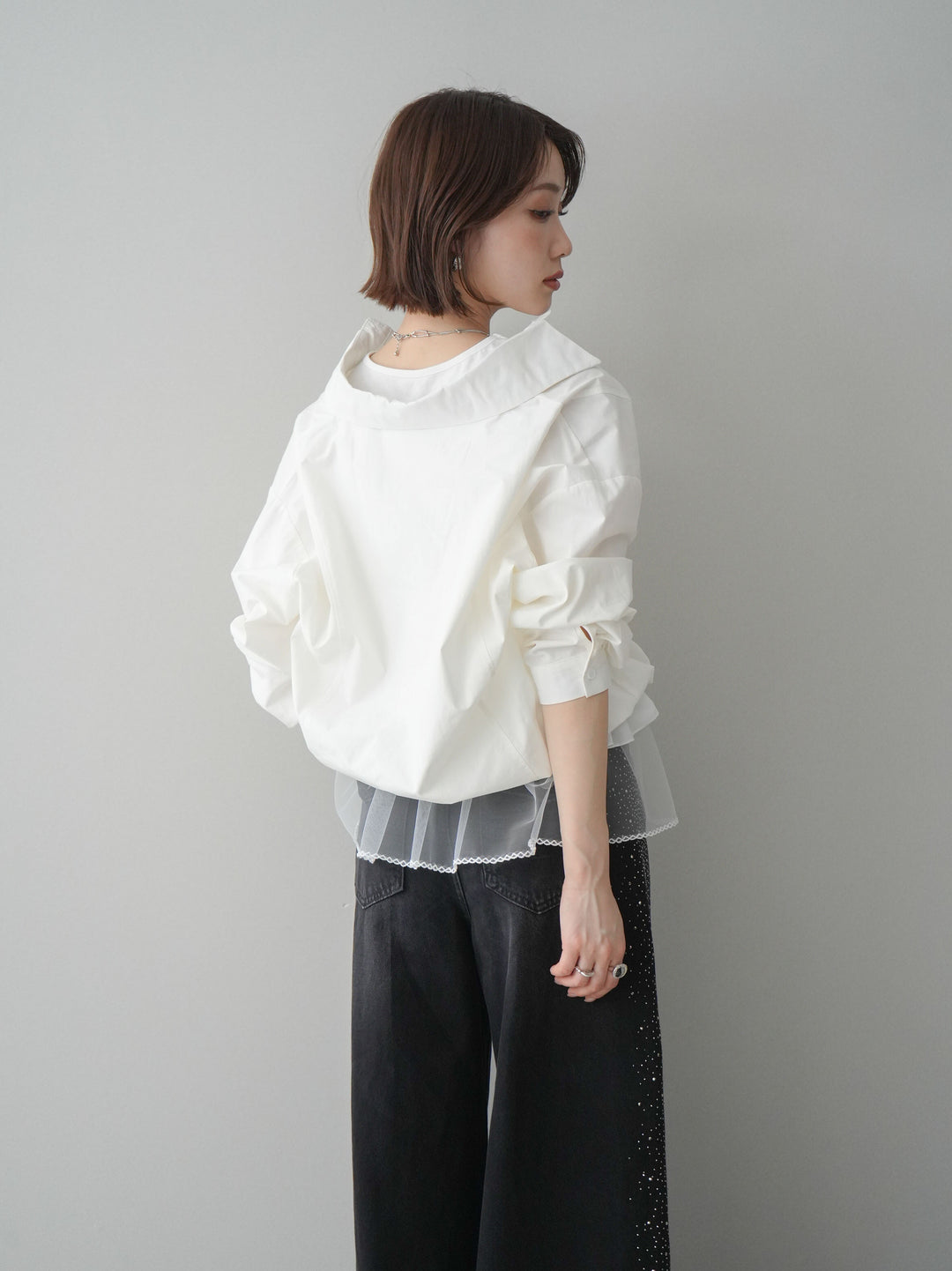 [予約]裾チュールノースリーブカットソー＆シャツドッキングトップス/white