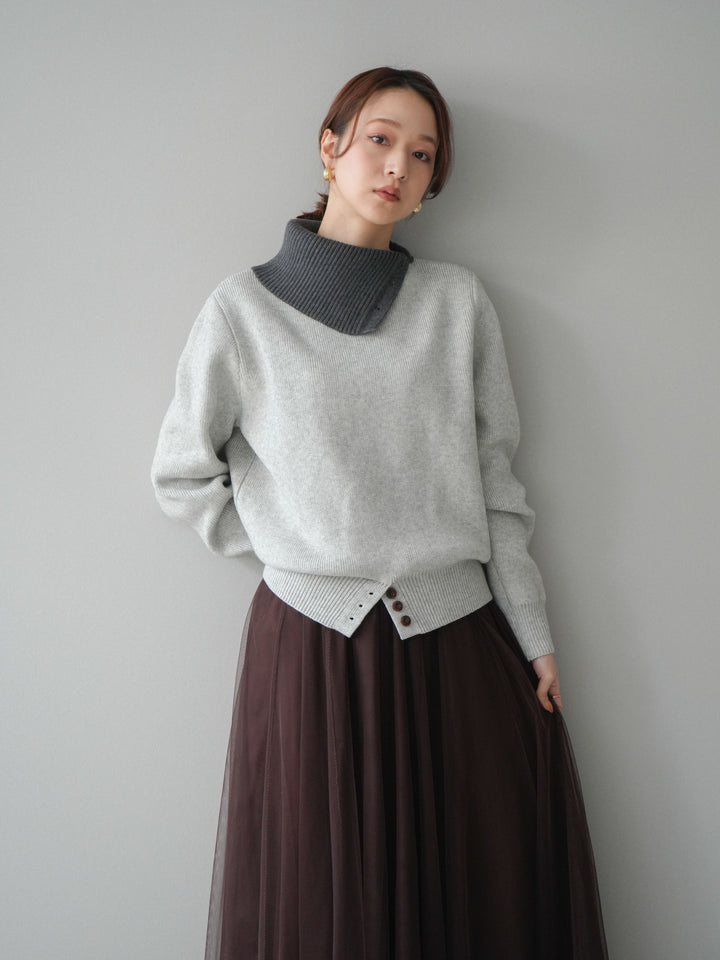 [予約]デザインネックバイカラーニットプルオーバー/gray