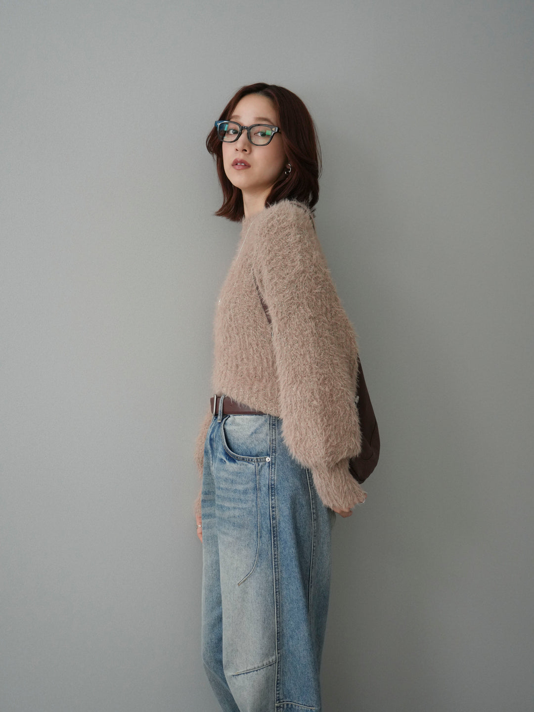 [SET]ボリュームスリーブシャギー MIXニットプルオーバー+ベルト付カーブデニムパンツ(2set)