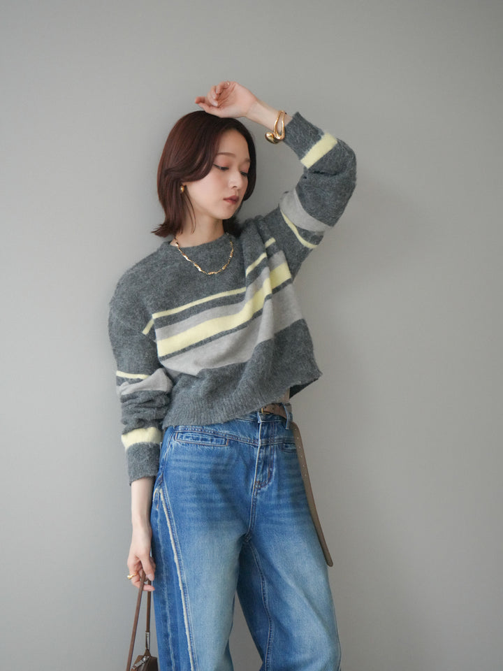 [SET]ソフトタッチボーダークロップドニットプルオーバー+サイドフリンジワイドデニムパンツ(2set)