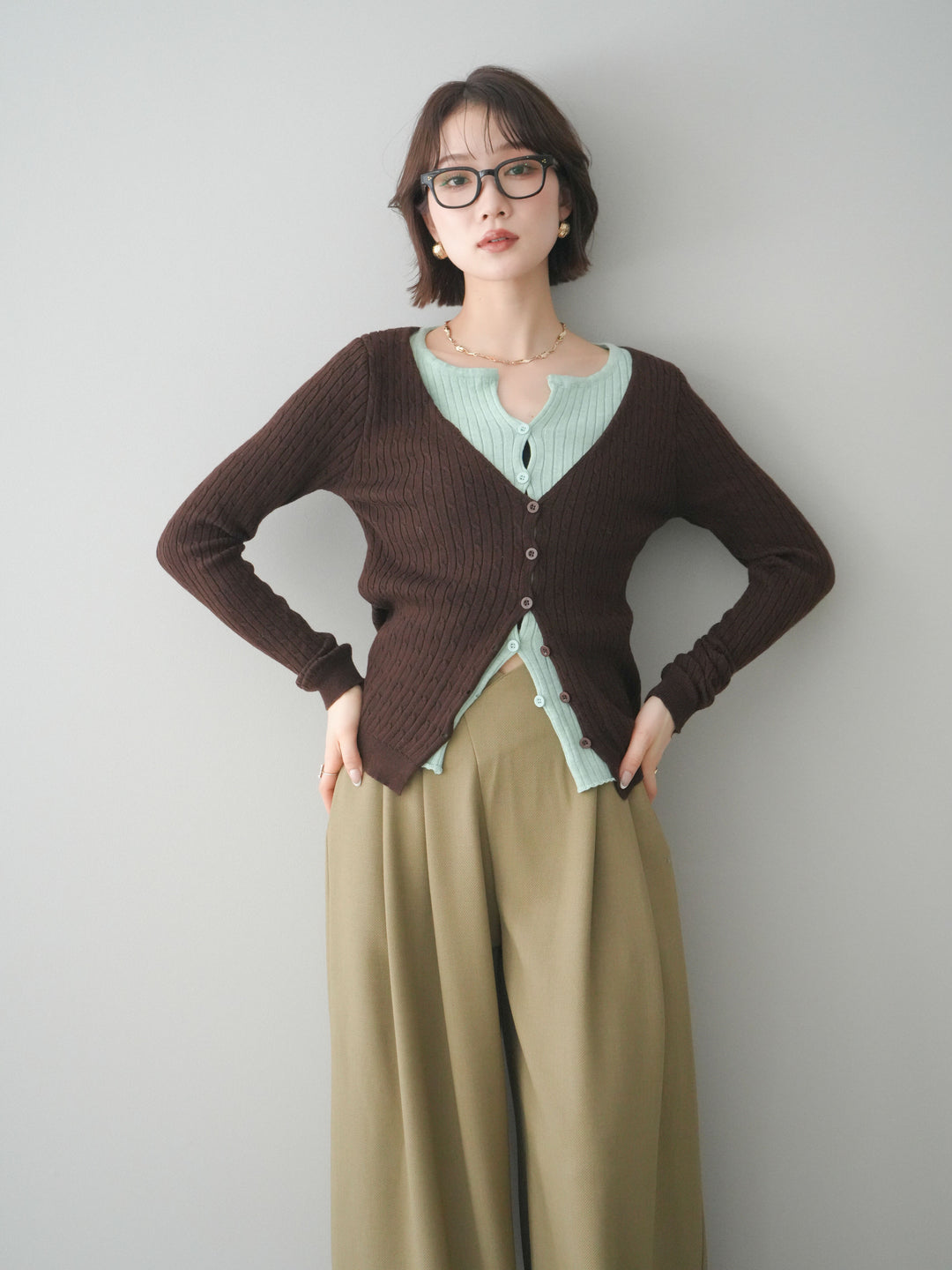 [予約]バイカラーレイヤードニットカーディガン/brown