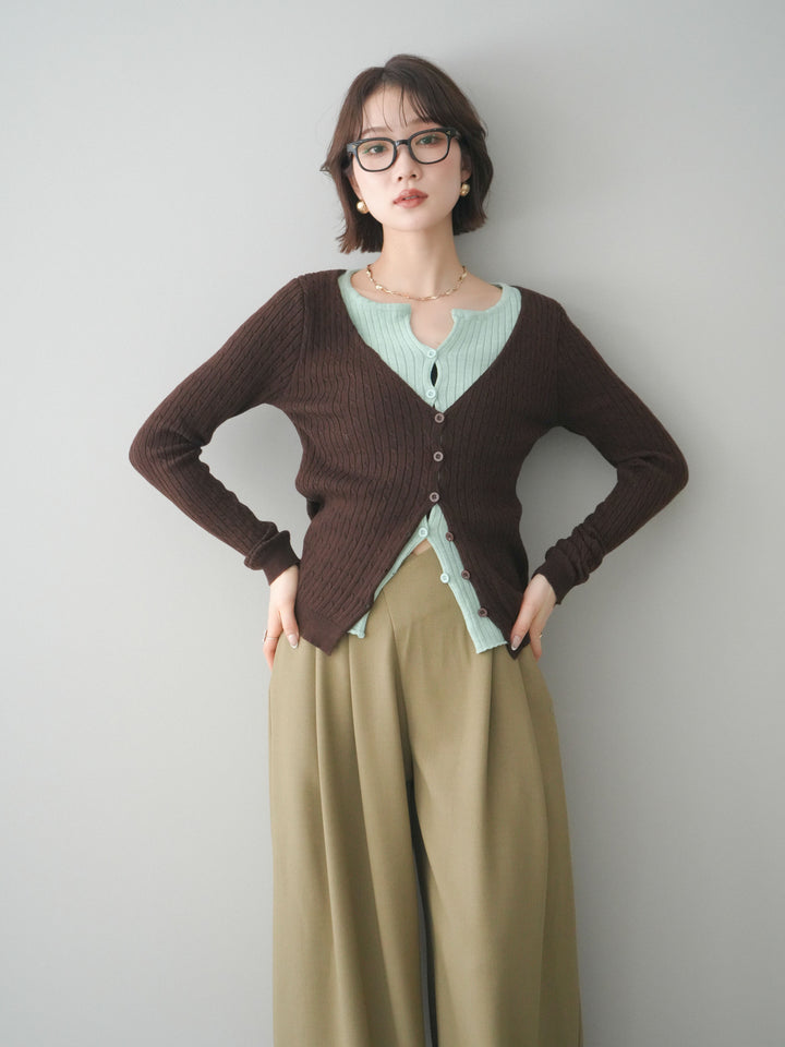 [予約]バイカラーレイヤードニットカーディガン/brown