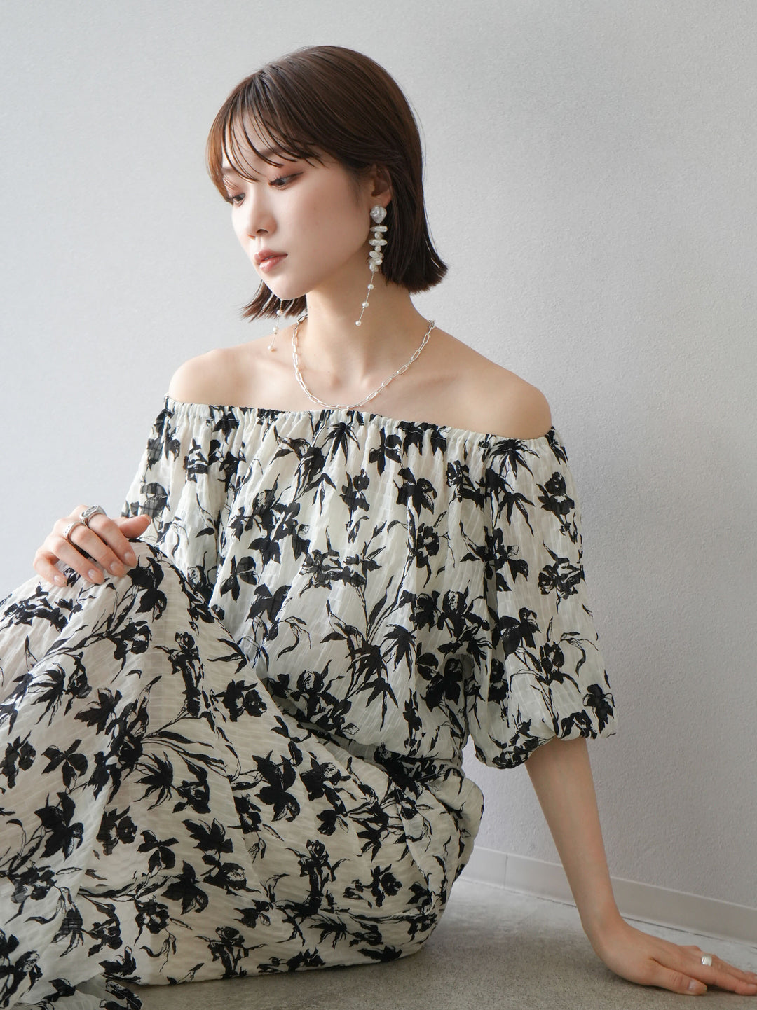 [Pre-order] Washer waist design flower pattern skirt/off-white