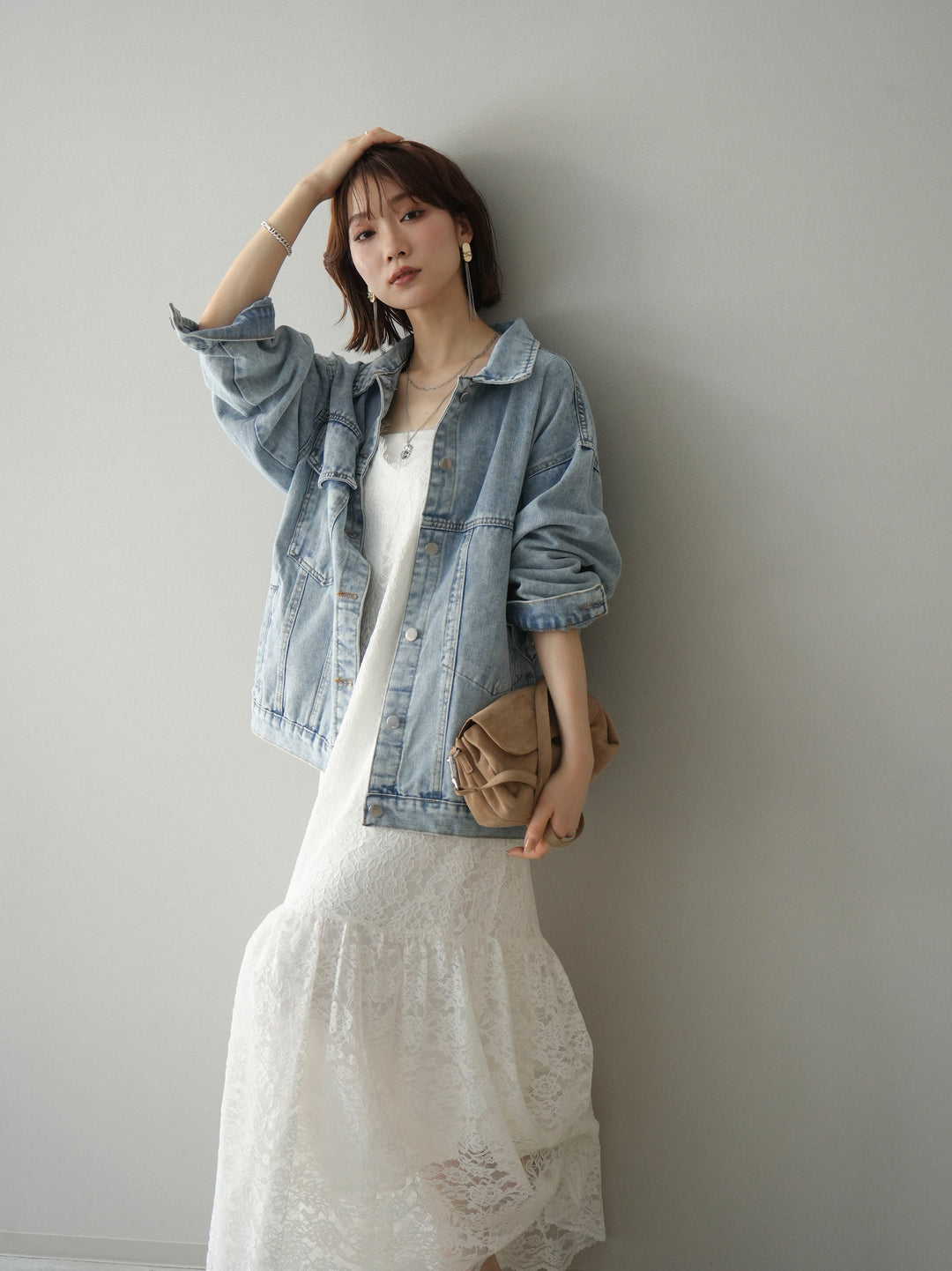 [予約]ギャザー切替レースキャミワンピース/white