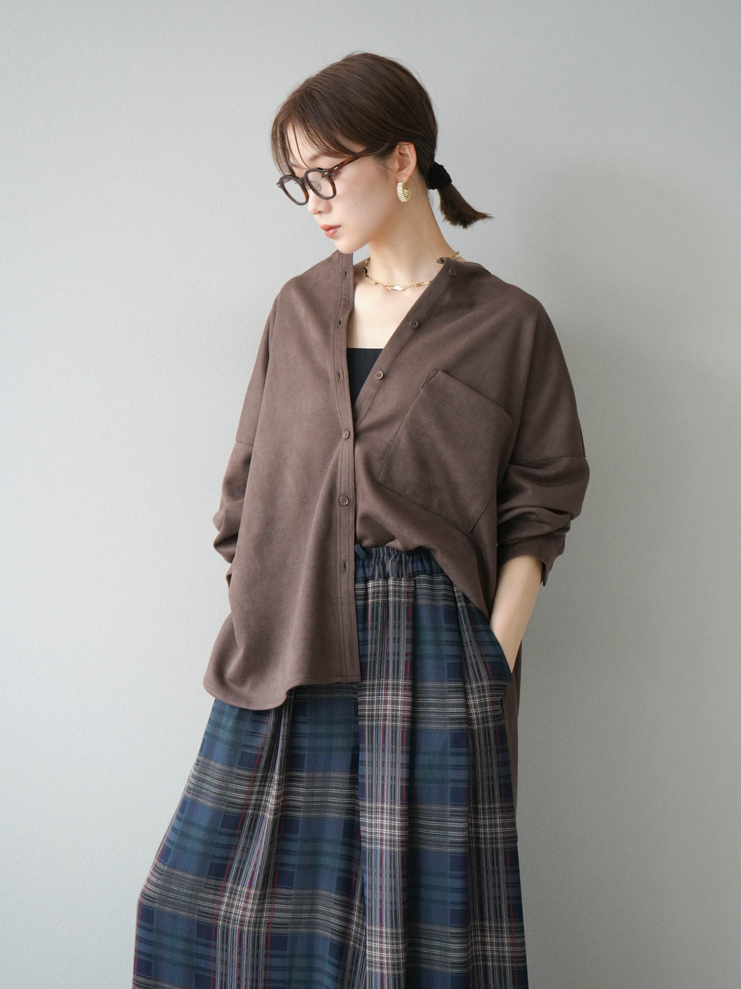 [SET]スエードバンドカラーオーバーシャツ+シアーチェックバギーパンツ(2set)