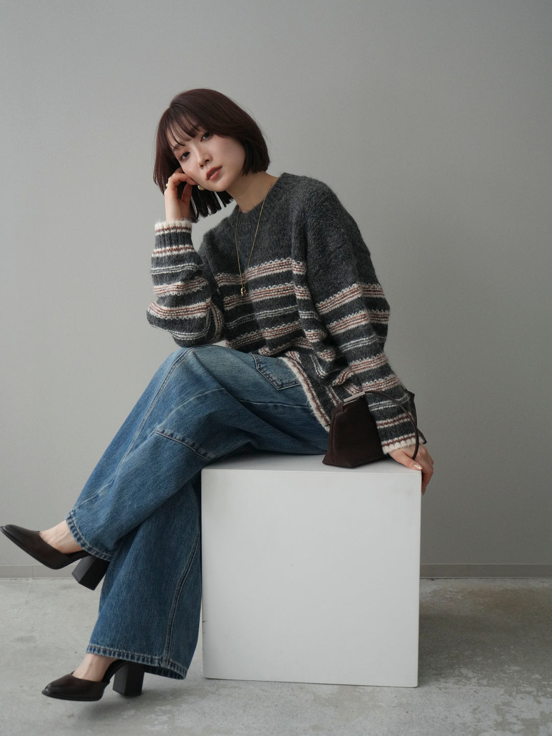 [予約]ステッチボーダーニットプルオーバー/gray