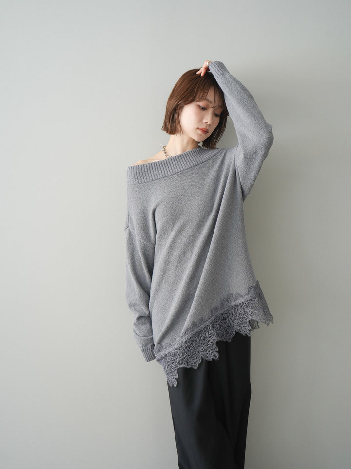 [SET]アシンメトリーレースヘムニットプルオーバー+選べるアクセセット(2set)