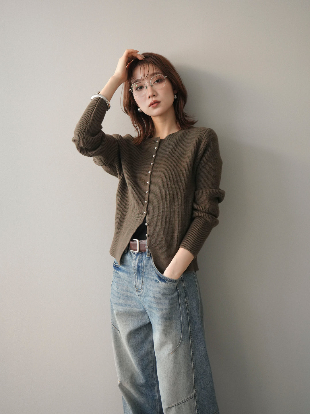 [予約]シルバーボタン畦編みニットカーディガン/brown