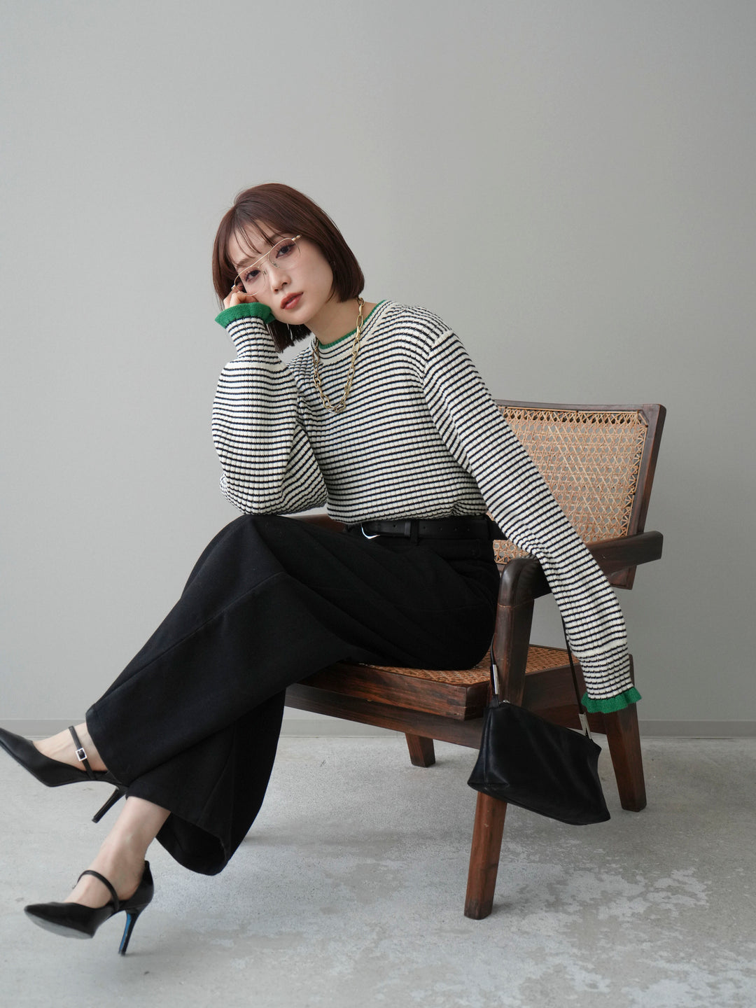 [SET]ラメ異素材ボーダーリブニットプルオーバー+ベルト付起毛コクーンパンツ(2set)