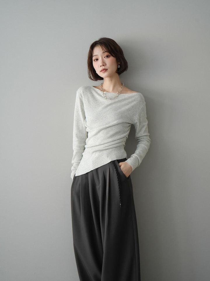 [予約]ラインストーンアシンメトリーニットトップス/gray