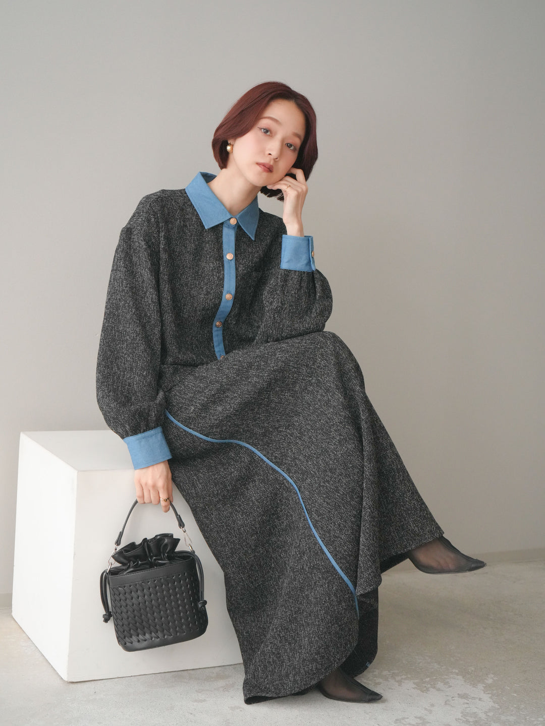 [SET]異素材サマーツイードシャツ+異素材サマーツイードタックフレアスカート(2set)