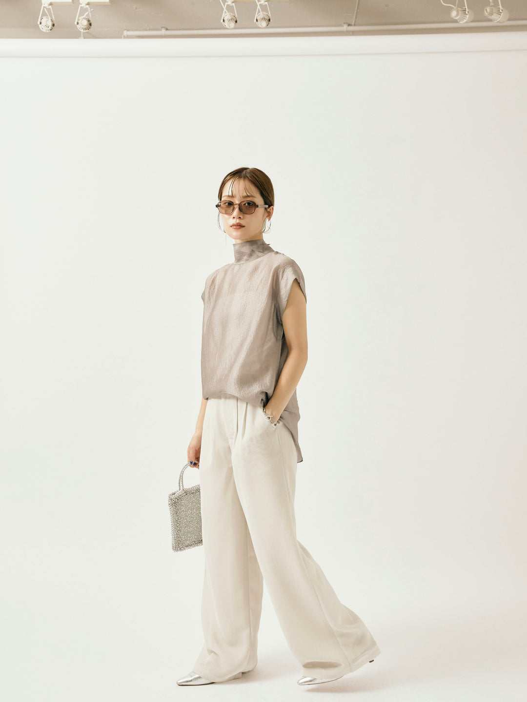 【Allure】[SET]シャイニーシアーブラウス+メッシュタックワイドパンツ(2set)