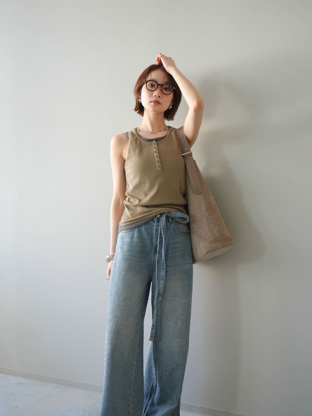 [SET]配色リブヘンリータンクトップ+ウエストベルトビジューワイドデニムパンツ(2set)