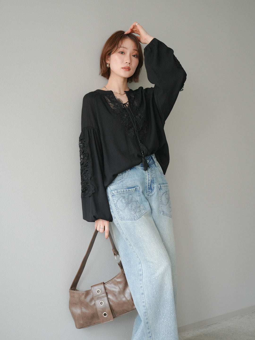 [予約]レーススリーブスキッパーブラウス/black