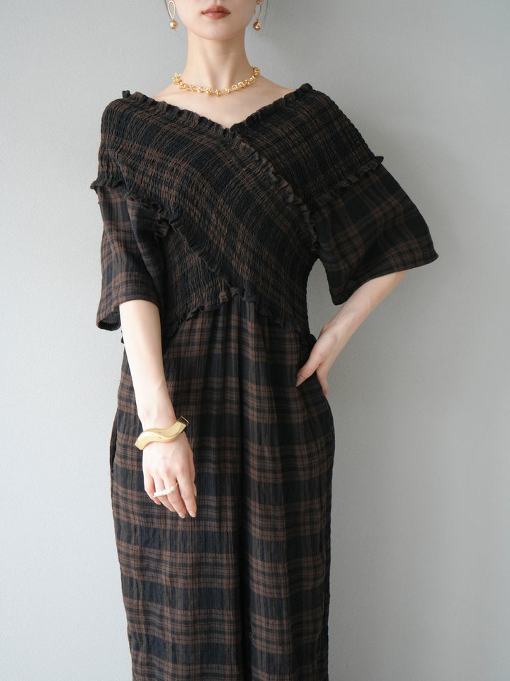 [予約]チェック柄ハーフスリーブシャーリングクロスサロペット/ブラウン