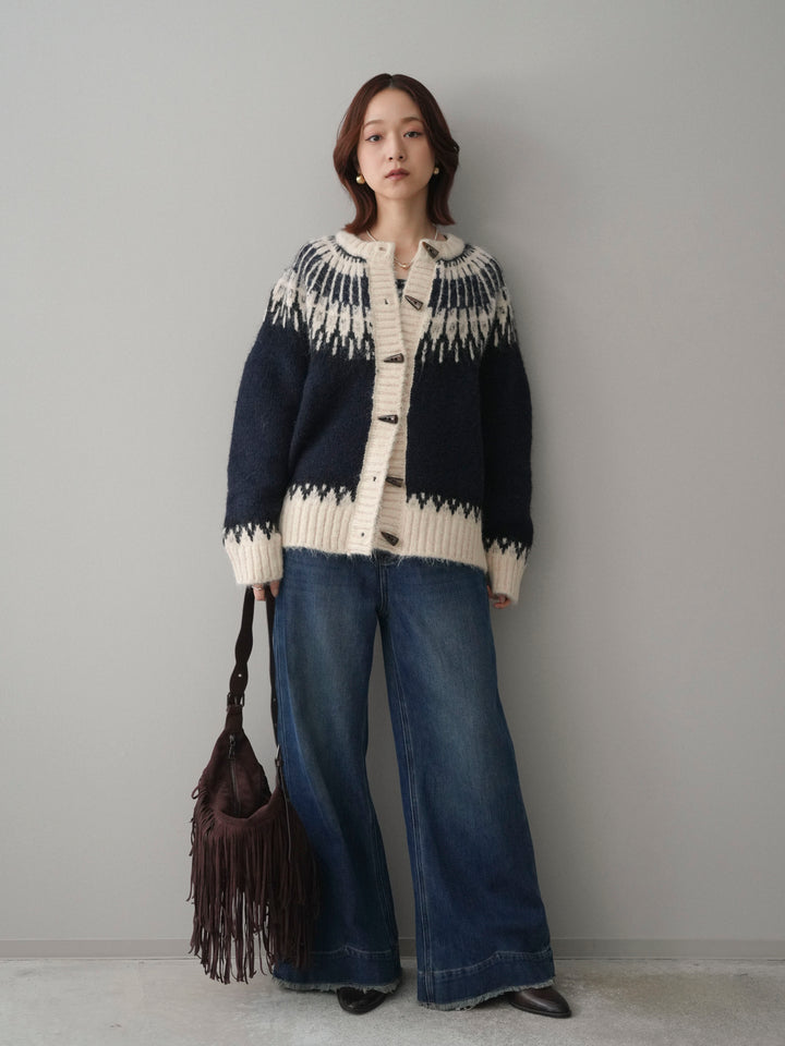 [SET]トグルボタン求心柄ニットカーディガン+裏起毛裾フリンジワイドデニムパンツ(2set)