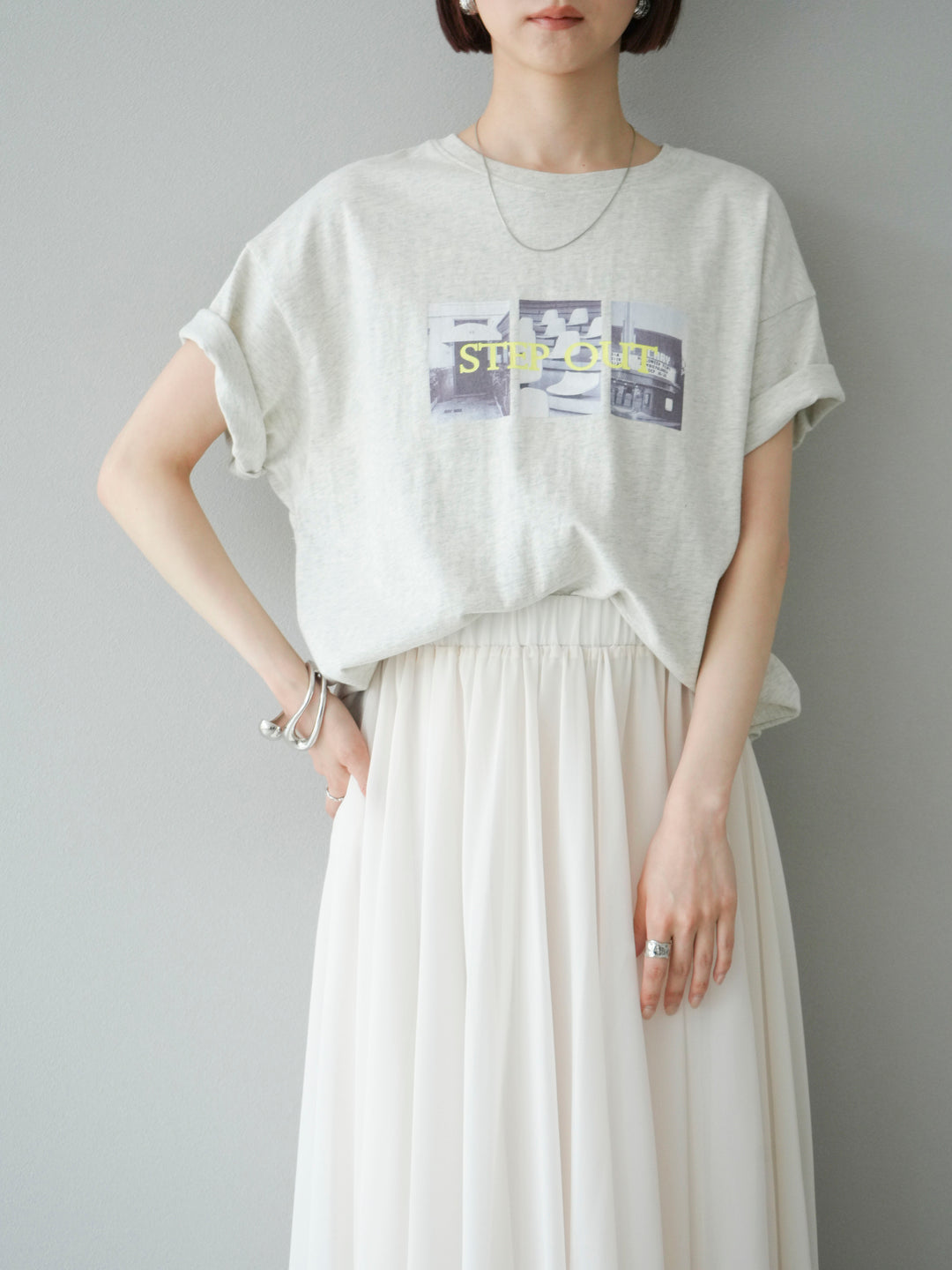 [SET]ネオンロゴコラージュフォトプリントオーバーTシャツ+シフォンフレアスカート(2set)