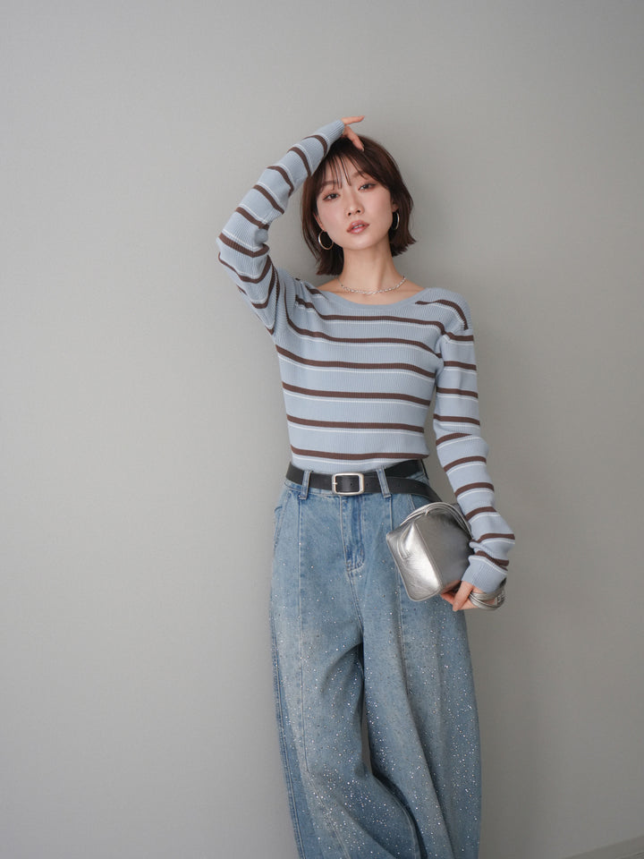 [予約]バックオープンテレコリブマルチボーダートップス/blue