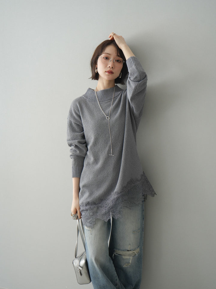 [SET]アシンメトリーレースヘムニットプルオーバー+アシンメトリーレースヘムニットプルオーバー(2set)