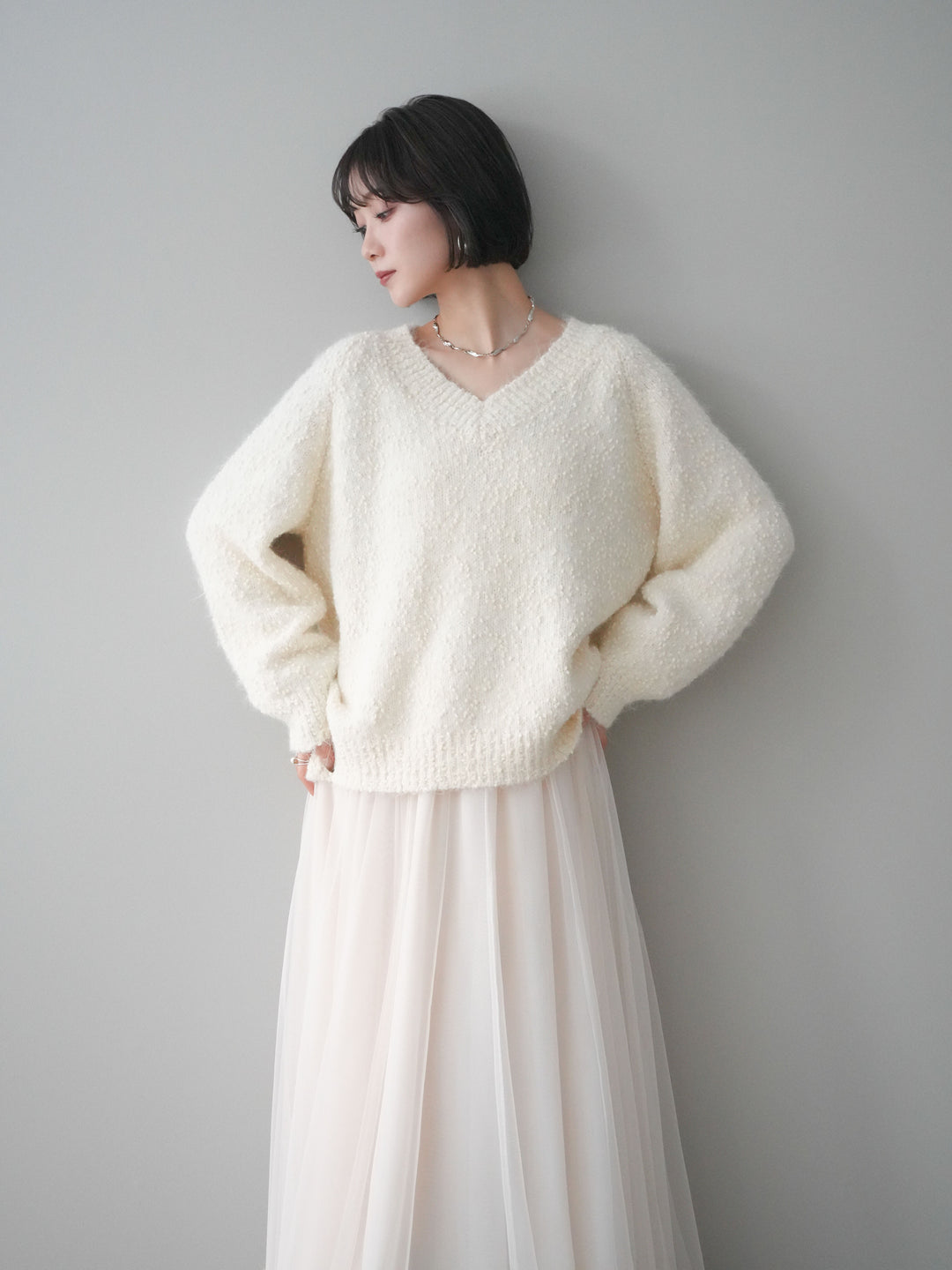 [SET]Vネックスラブニットプルオーバー+選べるアクセセット(2set)