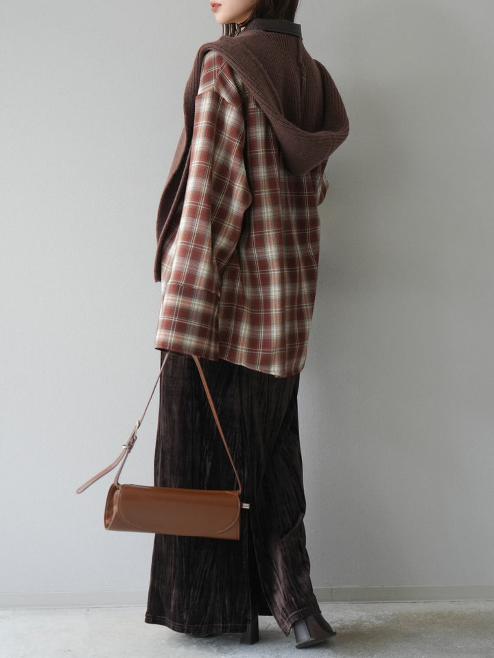 [SET]レザー襟オンブレチェックオーバーシャツ +クラッシュベロアナロースカート(2set)