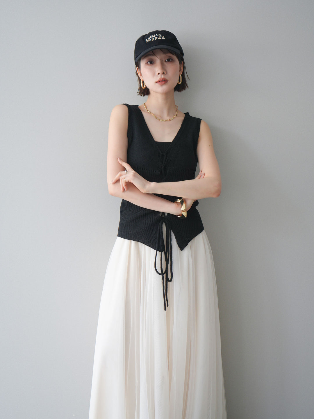 [予約]レースアップリブニットタンクトップ/black