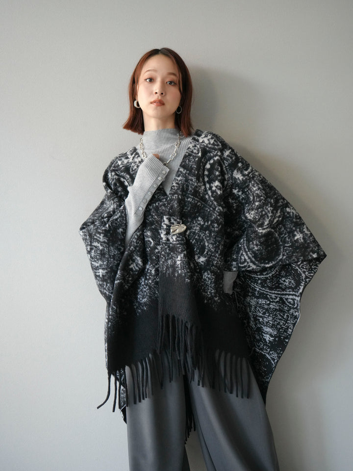 [予約]アブストラクト柄ストールポンチョ/ブラック