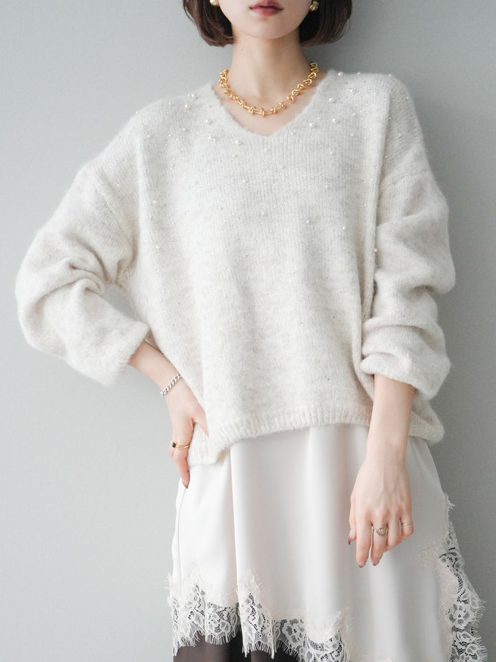 [SET]パール×ビジューVネックニットプルオーバー+アシンメトリーサテンレースキャミソール+テープベルトタックバギーパンツ(3set)