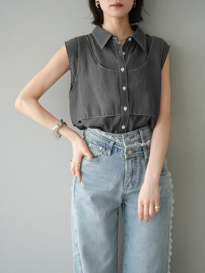 [預訂] 縫合透視多層設計襯衫/炭灰色