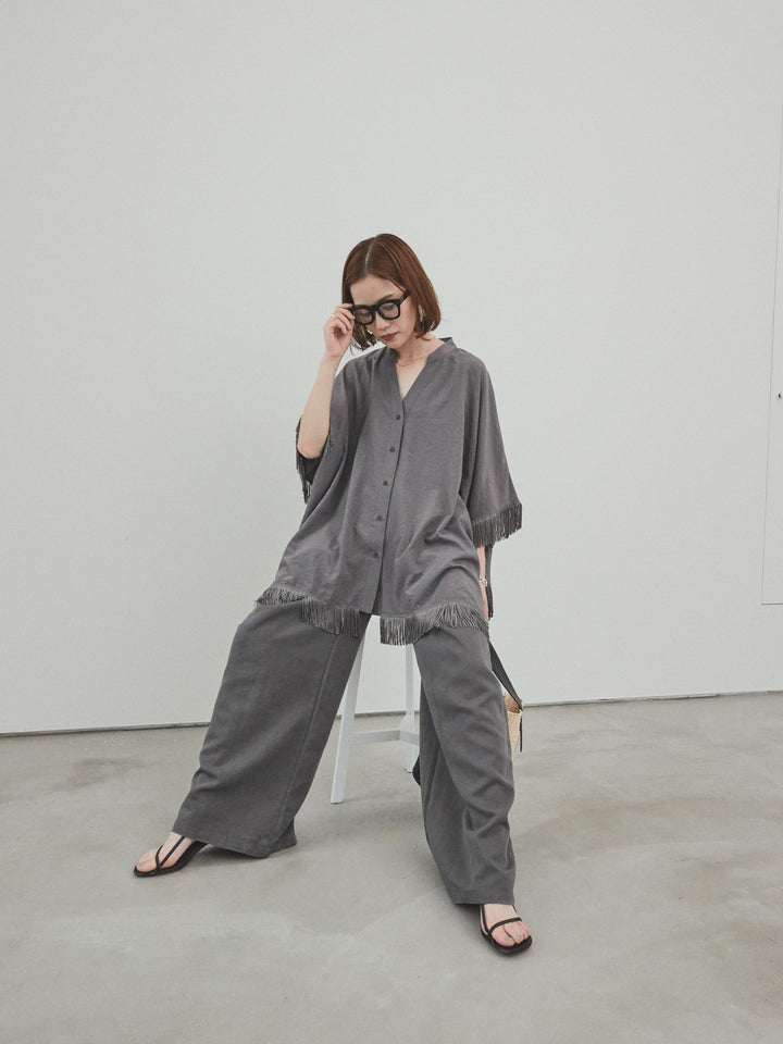 [SET] 方形流蘇斗篷襯衫 + 亞麻觸感褶皺寬褲 (2 件套)