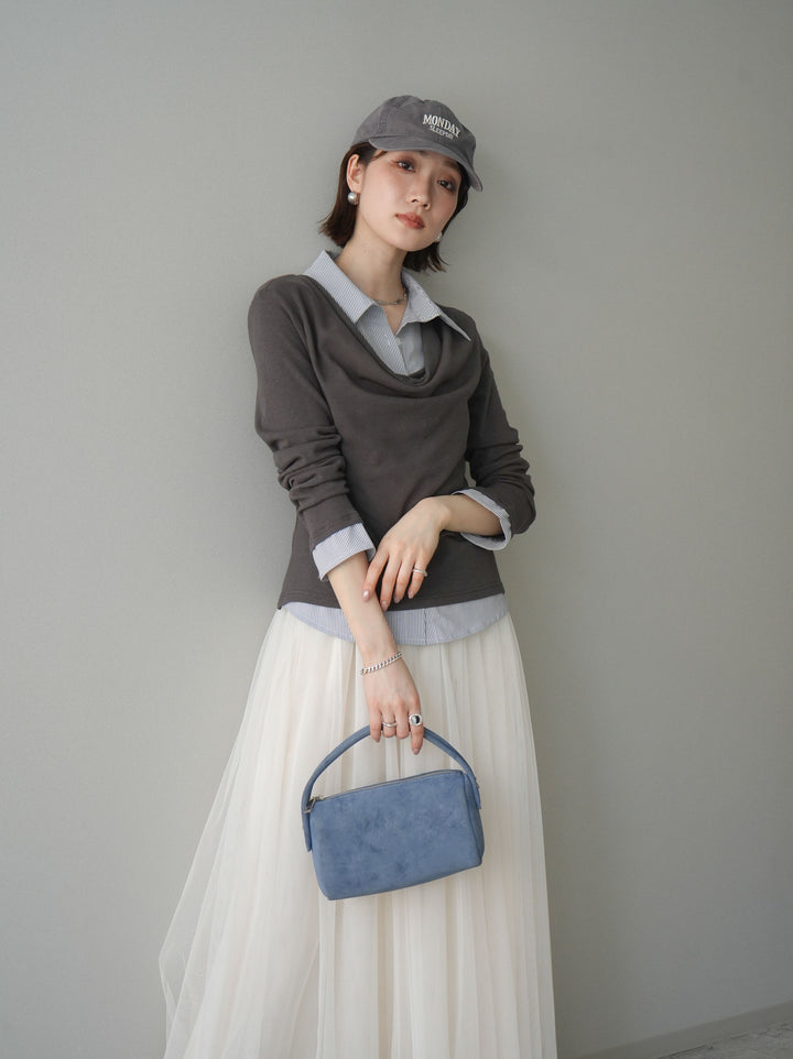 [予約]ストライプドッキングシャツドレープカットソー/charcoal