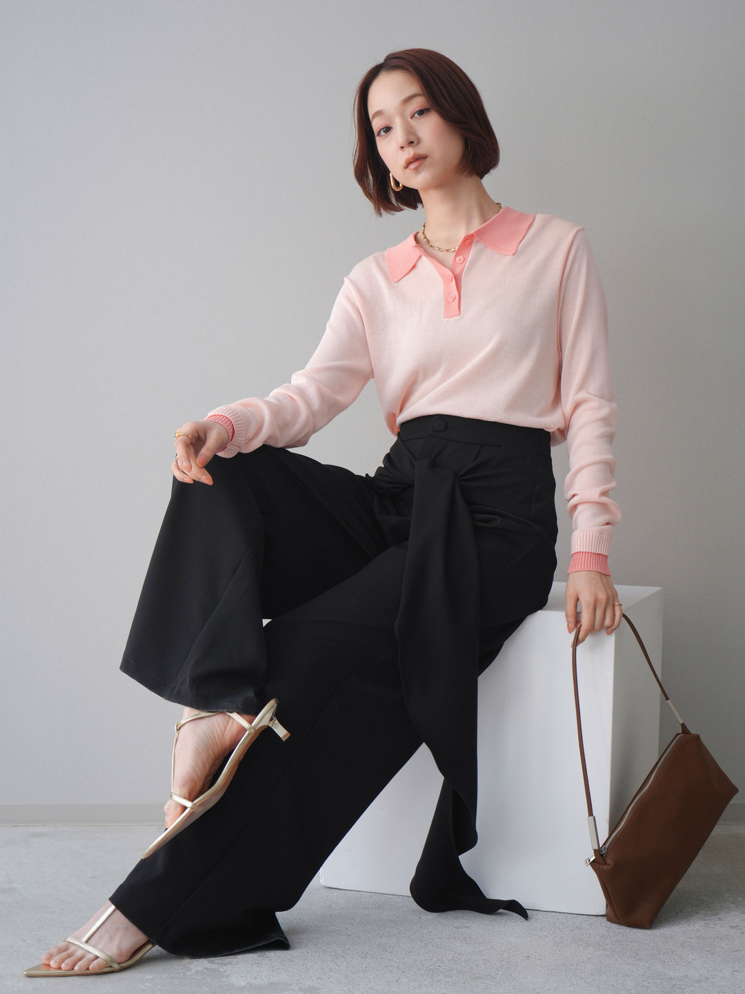 [SET]配色デザインシアーポロニット+ラッフルベルトワイドパンツ(2set)