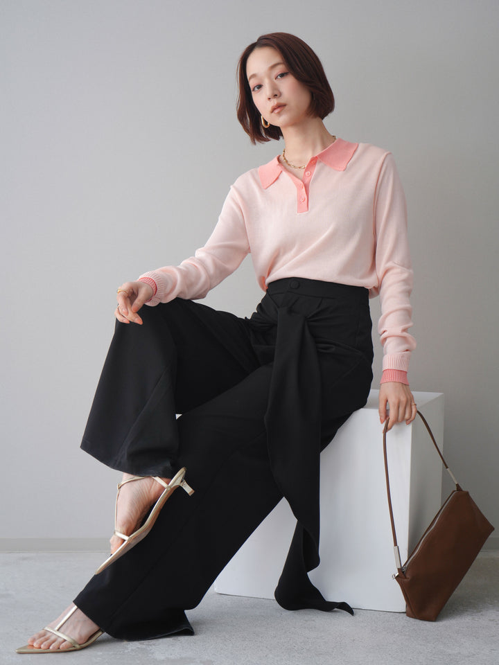 [SET]配色デザインシアーポロニット+ラッフルベルトワイドパンツ(2set)
