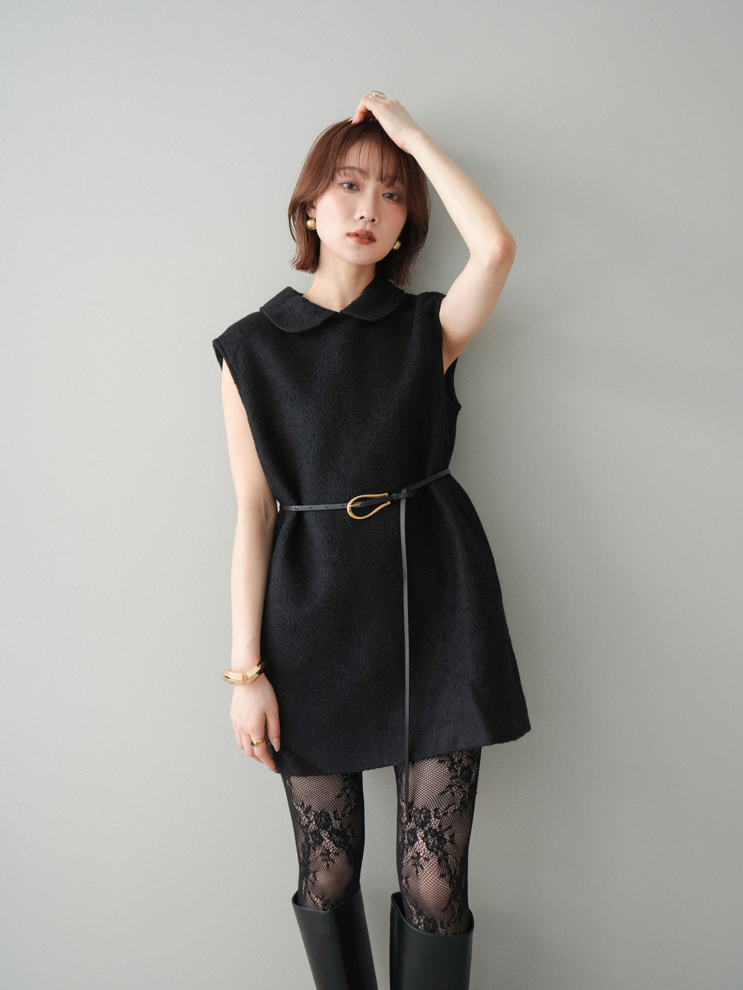 [SET]襟付きブークレミニワンピース+選べるアクセセット(2set)