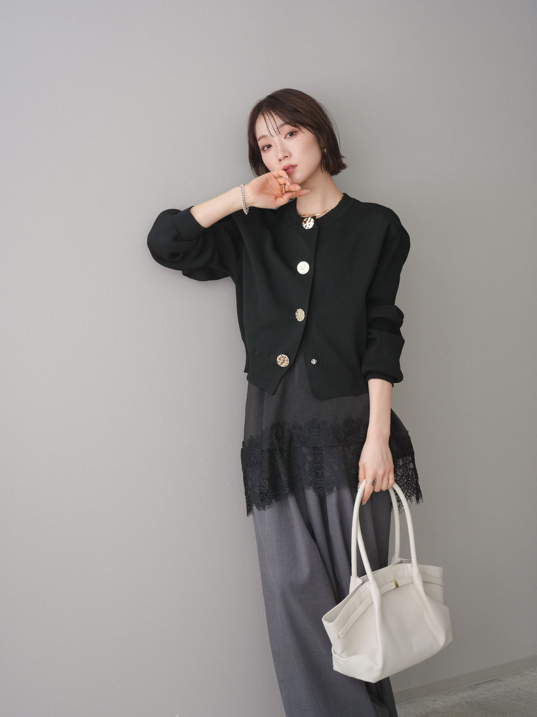 [SET]メタルボタンクルーネックニットカーディガン+選べるアクセセット(2set)