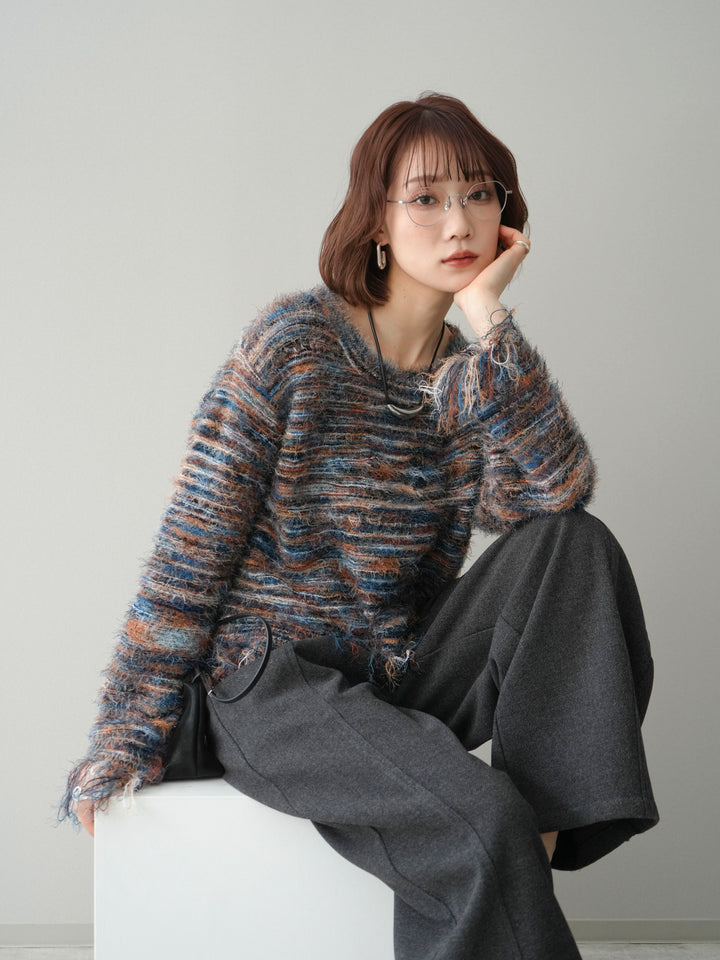 [SET]裾フリンジミックスヤーンシャギープルオーバー+ベルト付起毛コクーンパンツ(2set)