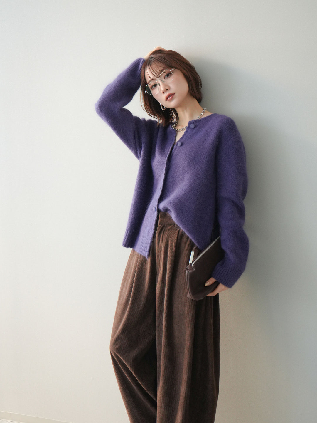 [予約]くるみボタンニットカーディガン/purple