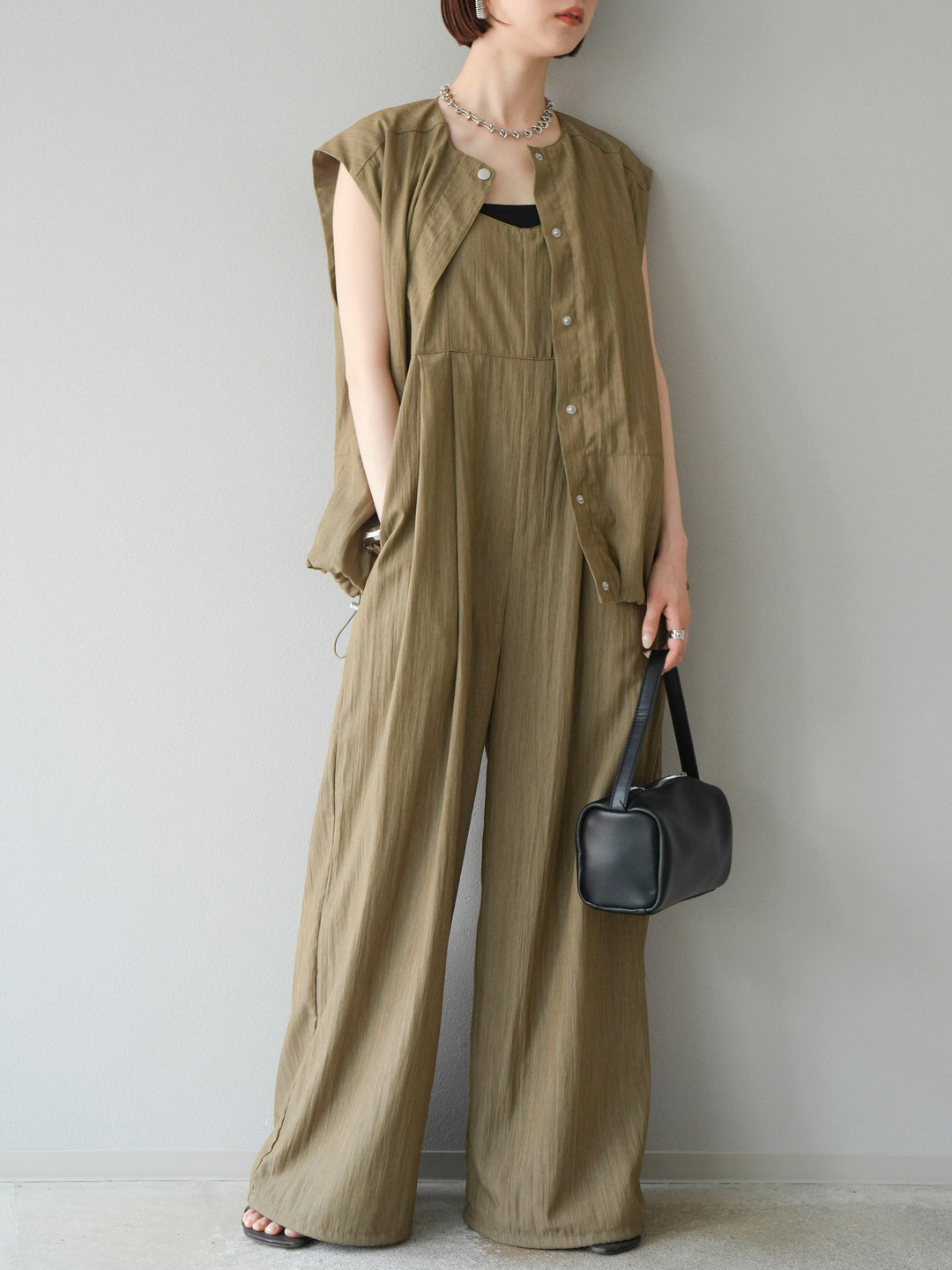 [SET]リネンライクビスチェデザインサロペット+リネンライクドロストバルーンブルゾン(2set)