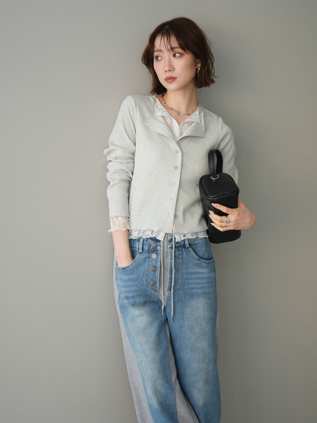 [SET]レースドッキングテレコリブカーディガン+選べるアクセセット(2set)