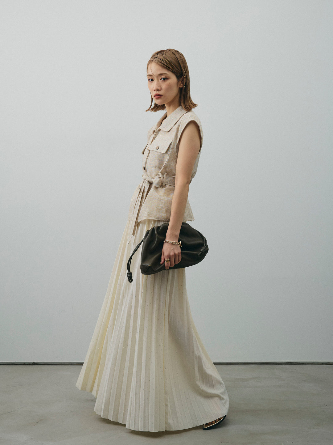 [SET]ミックスヤーンメッシュブラウス+ラインストーンプリーツスカート(2set)