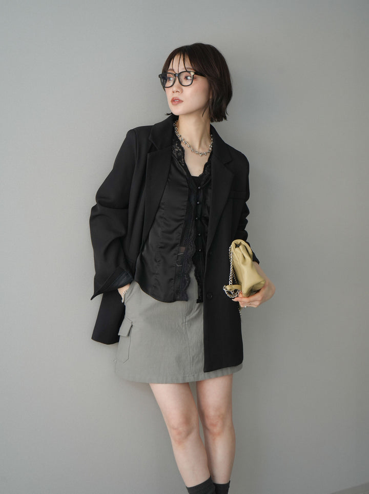 [SET]バックスリットデザインジャケット+ノースリサテンレースキャミソール+ベルト付カーゴミニスカート(3set)