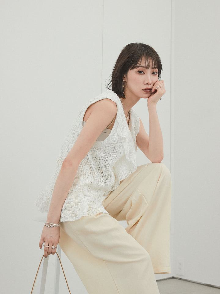 [SET]テープヤーンラッフルノースリトップス+リネンタッチタックワイドパンツ (2set)