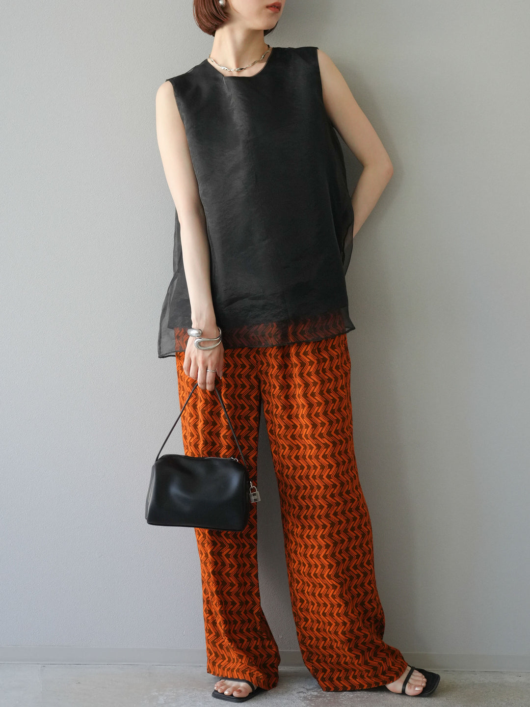 [予約]レーヨンフレックススラブウェーブ柄ストレートパンツ/オレンジ