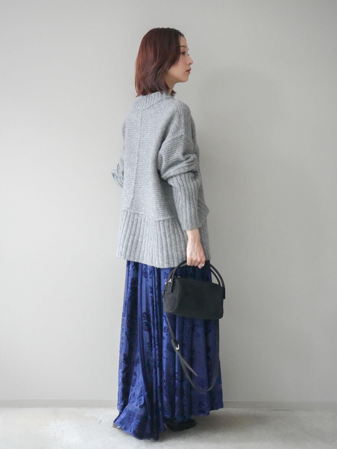 [SET]編み地切替ボトルネックニットプルオーバー+アンティーク柄フロッキーマキシスカート(2set)