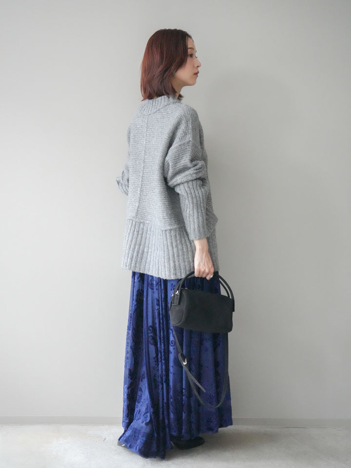 [SET]編み地切替ボトルネックニットプルオーバー+アンティーク柄フロッキーマキシスカート(2set)